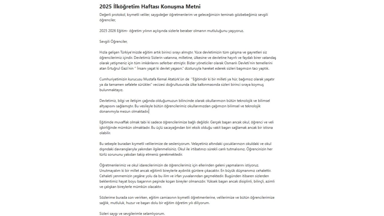 2025 İlköğretim Haftası Konuşma Metni örneği