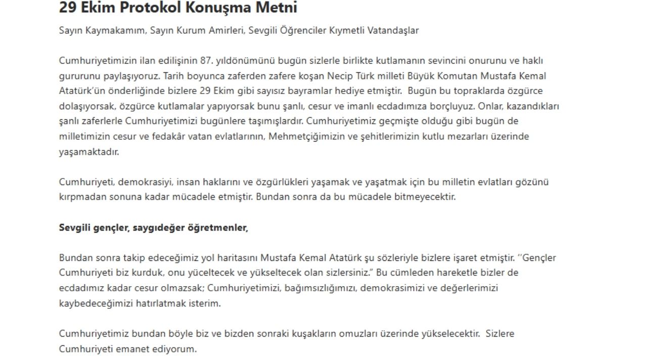 2025 29 Ekim Protokol Konuşma Metni