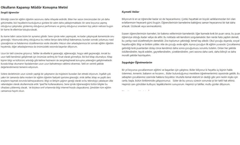 Okulların Kapanışı Konuşma Metni