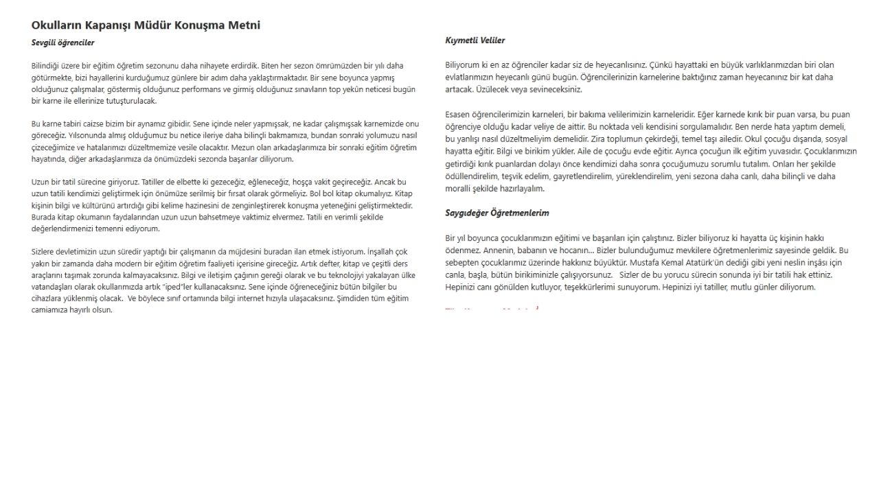 Okulların Kapanışı Konuşma Metni
