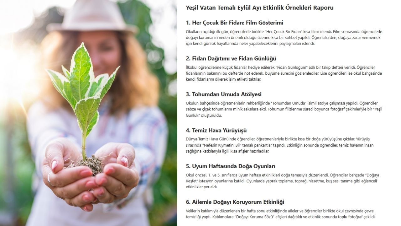 Yeşil Vatan Temalı Eylül Ayı Etkinlik Örnekleri Raporu